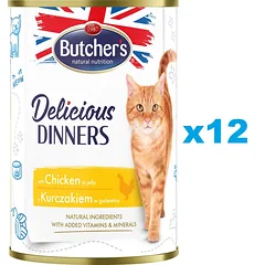BUTCHER'S Delicious Dinners, kačių maistas, vištienos gabalėliai drebučiuose, 400g x 12