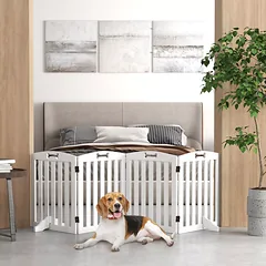 Laisvai pastatoma šunų užtvara su atraminėmis kojelėmis durų angoms, koridoriui ir laiptams, 207,5x30x61 cm, balta — 2 nuotrauka