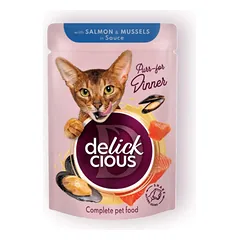 Delickcious Salmon Mussels konservai katėms su lašiša ir midijomis padaže, 85g