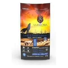 AMBROSIA GF Lamb & Fresh Salmon Adult begrūdis ėrienos ir šviežios lašišos sausas maistas šunims