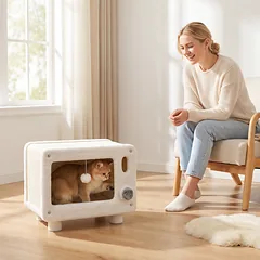 Kačių namelis TV dizaino su hamaku, baltas, pilkas ir smėlinis, 50 × 33 × 42 cm — 2 nuotrauka
