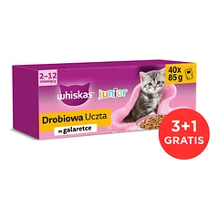 WHISKAS Junior 120x85 g šlapias maistas su vištiena, antiena, paukštiena ir kalakutiena želatinoje kačiukams + 40 maišelių NEMOKAMAI