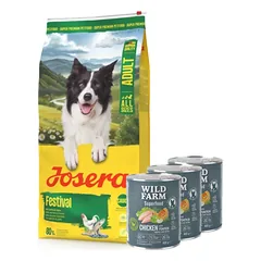 JOSERA Festivalis 12,5 kg + WILD FARM Superfood Chicken (Vištiena su moliūgais, obuoliais ir žolelėmis) 3x800 g pašaro šunims be grūdų