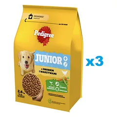PEDIGREE Junior 3x2,6 kg su paukštiena ir daržovėmis sausas visavertis ėdalas dideliems ir vidutinio dydžio augantiems šunims