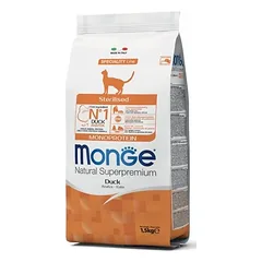 Monge Natural Superpremium Sterilised Monoprotein Duck sausas maistas sterilizuotoms katėms su antiena, 1.5 kg