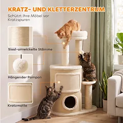 Kačių draskyklė su dviejų aukštų slėptuve ir sizalio draskyklėmis, smėlinė, 90 cm — 5 nuotrauka