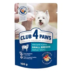 CLUB 4 PAWS Premium visavertis konservuotas ėdalas suaugusiems, mažos veislės šunims su ėriena padaže 100g.x24vnt.