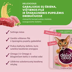 DELICKCIOUS konservuotas pašaras su ėriena ir vištiena suaugusioms katėms, 85 g — 2 nuotrauka