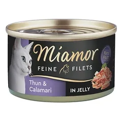 Miamor Feine Filets in jelly - drėgnas kačių ėdalas su tunu ir kalmarais 100g skardinė