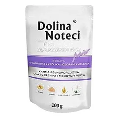 Dolina Noteci PREMIUM mažoms veislėms JUNIOR su triušių kepenėlėmis ir elnio liežuviu paketėlis 100g
