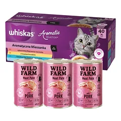 WHISKAS Adult Aromatic Mix 40x85 g - drėgnas kačių maistas + WILD FARM Paštetas su kiauliena 3x400g - maistas katėms be glitimo