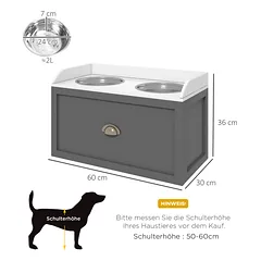 Pakelta šėrimo stotelė su stalčiumi ir 2 nerūdijančiojo plieno dubenėliais, pilka, 60 × 30 × 36 cm — 4 nuotrauka