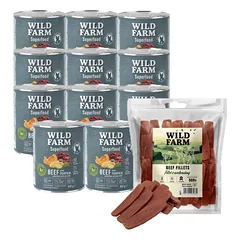 WILD FARM Superfood Beef (jautiena su moliūgais, bulvėmis ir petražolėmis) 12x800 g pašaro šunims be grūdų + nemokamas skanėstas