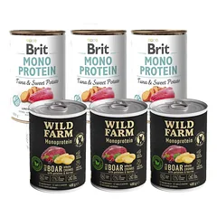 BRIT MONO PROTEIN TUNA & SWEET POTATO 3x400g + Wild Farm Monoprotein Wild Boar 3x400g hipoalerginis šunų ėdalas