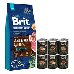 BRIT Premium By Nature Sensitive ėriena 15kg + WILD FARM Monoprotein hipoalerginis šunų maistas –  skonių rinkinys 6x400g