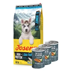 JOSERA High Protein Adult Sea Fish 12,5 kg + Wild Farm Superfood Salmon lašiša 3x400 g pašaro šunims be grūdų