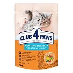 CLUB 4 PAWS Premium konservuotas pašaras suaugusioms katėms turinčioms jautrų virškinimą, 80 g