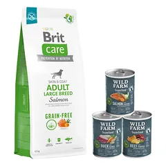 BRIT CARE Dog Grain-free Adult Large Breed Salmon 12kg + Wild Farm Superfood skonių mišinys 3x400g