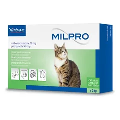 Virbac Milpro 16mg/40 mg plėvele dengtos tabletės katėms nuo kirminų, N2