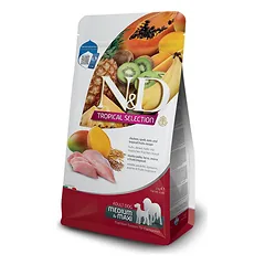 Farmina N&D Tropical Low Grain Adult M/L mažgraudžių sausas maistas šunims su vištiena ir tropiniais vaisiais, 10 kg