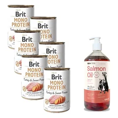 BRIT MONO PROTEIN TURKIJAUS ir saldžiųjų bulvių 6x400g + LAB V Lašišų aliejus šunims ir katėms 1000ml