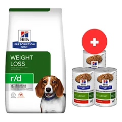 HILL'S Prescription Diet r/d Weight Reduction with Chicken Adult 10 kg šunims, turintiems antsvorio + 3 x 370 g šunų ėdalo NEMOKAMAI
