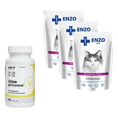 ENZO VET Sterilizuota dieta sterilizuotoms katėms su kalakutiena želė 3x100g + LAB-V Šlapimo pH kontrolė 45 kapsulės