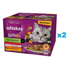 WHISKAS Adult Tasty Mix Chef's choice in sauce 48x85 g gabalėliai su jautiena, lašiša, vištiena ir kalakutiena, vištiena ir menke suaugusioms katėms