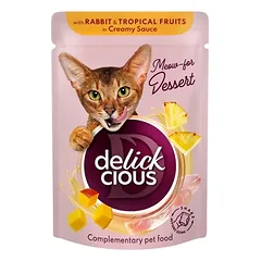 Delickcious™ dribsniai kreminiame padaže katėms – triušiena ir tropiniai vaisiai (konservai)
