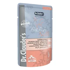 DR. CLAUDER’S drėgnas maistas katėms su lašiša ir upėtakiu drebučiuose 100 g