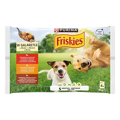 FRISKIES Adult Jautiena, vištiena ir ėriena želatinoje, 4 x 85 g šlapias šunų maistas