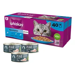 WHISKAS Adult paketėliai 40 x 85 g Fishy Treats - drėgnas maistas suaugusioms katėms drebučiuose (su lašiša, tunu, menke, balta žuvimi) + WILD FARM Mousse White Fish 3x85g