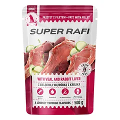 SUPER RAFI su veršiena ir triušio kepenėlėmis šunims 500 g šlapias maistas šunims