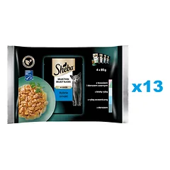 SHEBA Selection Select Slices Žuvies skoniai 52x85g visavertis drėgnas kačių ėdalas padaže su lašiša ir juoduoju menkiu, balta žuvimi, vandenyno žuvimi, menke