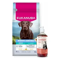 EUKANUBA Special Care Weight Control suaugusiems didelių veislių šunims, kuriems reikia kontroliuoti svorį, 15 kg + LAB V Lašišų aliejus šunims ir katėms 1000ml