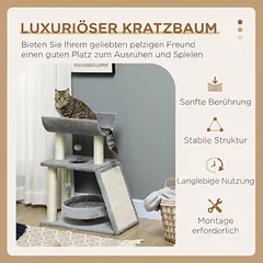 Draskyklė 76 cm su gultu, U formos platforma, sizalio kilimėliu ir žaislais, katėms iki 5 kg, šviesiai pilka — 4 nuotrauka