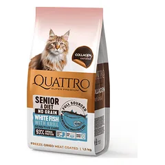 QUATTRO visavertis sausas dietinis/senstančių kačių pašaras su balta žuvimi ir kriliu (nuo 7 metų amžiaus, begrūdis), 1,5 kg