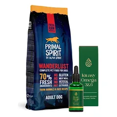 PRIMAL SPIRIT 70% Wanderlust 12kg + LAB-V Omega 3 ir 6 riebalų rūgštys bendrai šunų ir kačių sveikatos, kailio ir odos būklei gerinti 100ml