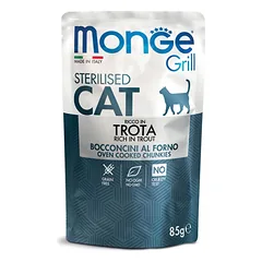 MONGE Grill- Cat Sterilised Trout Jelly konservai katėms su upėtakiu 85g, 85 g parduotuvėje ramiosblusos.lt