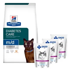 HILL'S PD Prescription Diet Feline m/d 3kg + ENZO VET Sterilizuota dieta sterilizuotoms katėms su kalakutiena želė 3x100g