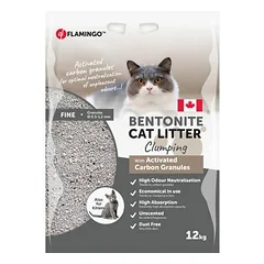 Flamingo CAT LITTER BENTONITE WITH ACTIVED CARBON GRANULES FINE GRAINS CLUMPING kašėių kraikai su aktyvuota anglimi, smulkiomis granulėmis, sukantys, be kvapo, 12 kg