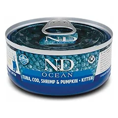 Farmina N&D Kitten tunas, menkė, krevetės ir moliūgas konservai kačiukams, nėščiosioms ir žindančioms katėms, 70 g