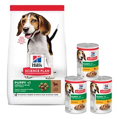 HILL'S Science Plan Puppy <1 Vidutinių veislių šuniukų sausas maistas su ryžiais ir ėriena 14 kg + 3 skardinės NEMOKAMAI
