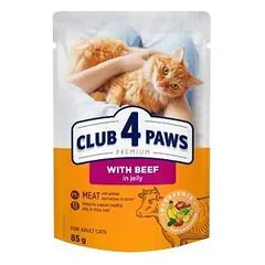 CLUB 4 PAWS Premium Visavertis konservuotas ėdalas suaugusioms katėms su jautiena drebučiuose, 85 g