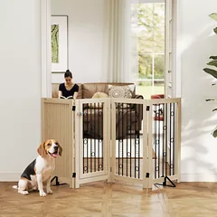 Laisvai stovinčios apsauginės grotelės šunims su durelėmis, 4 plokštės, koridoriui, laiptams, durų angoms, 205x30,5x91,5 cm, ąžuolo spalvos/juodos — 2 nuotrauka