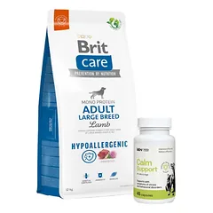 BRIT CARE Dog Hypoallergenic Adult Large Breed Lamb 12kg + LAB-V Calm Support - streso ir elgesio sutrikimų simptomų palaikymas 45 kapsulės