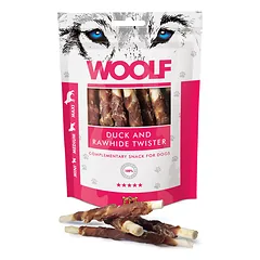 WOOLF Duck And Rawhide Twister 100g Džiovinta oda, įvyniota į antį