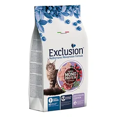 Exclusion Mediterraneo Monoprotein sausas pašaras sterilizuotoms didelėms katėms su vištiena, 1,5 kg