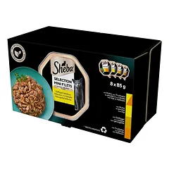 SHEBA Selection Paukštienos skonio 8x85 g padaže su vištiena ir kalakutiena, vištiena, paukštiena, kalakutiena
