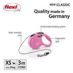 Flexi New Classic Cord virvinis, rožinis pavadėlis šunims, XS, 3 m — 2 nuotrauka